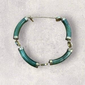 4 Lucky Wishes Green Nephrite Jade Link Gold tone Bangle Vintage Bracelet